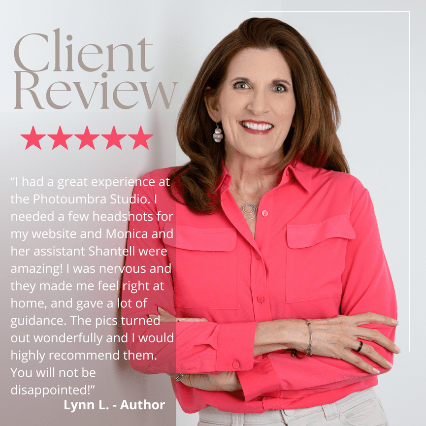 A smiling woman in a pink blouse stands confidently in front of a positive client review text.