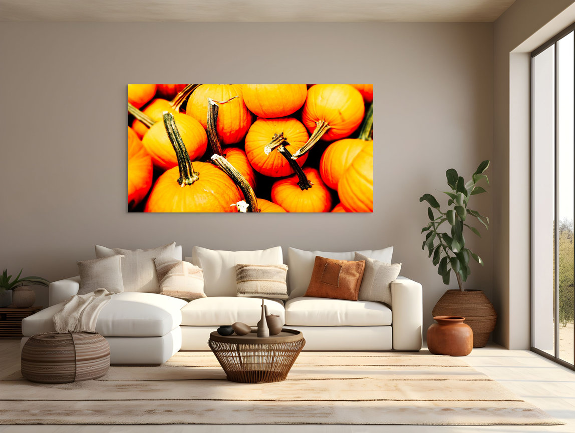 Pumpkin-themed painting in stylish living room