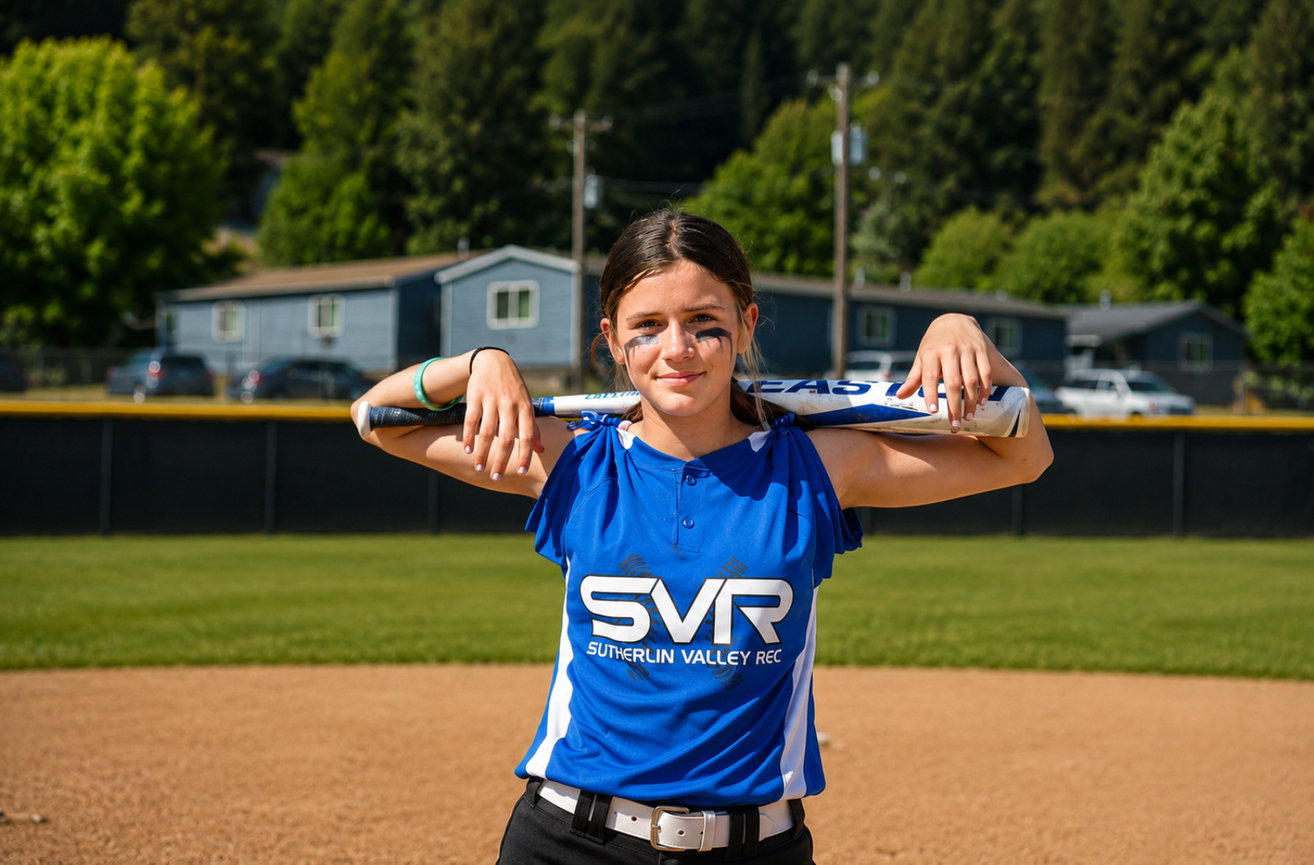 Softball player posing with flexed arms on the field