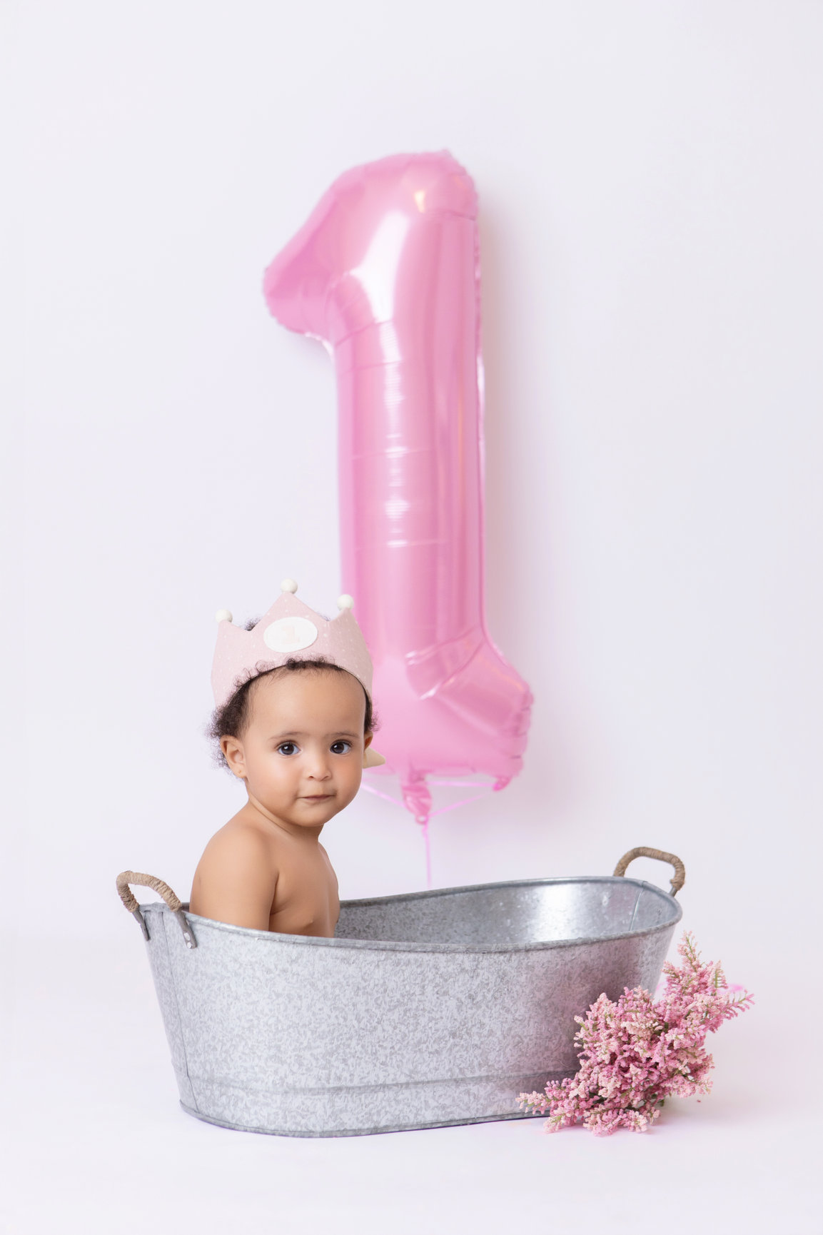 Calgary cake smash photography pink balloons tulle and bubbles first birthday session photo 21