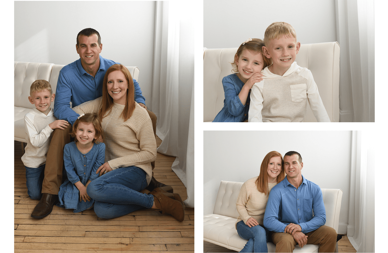 Parents pose with their young son and daughter wearing blue jeans and earth toned sweaters.