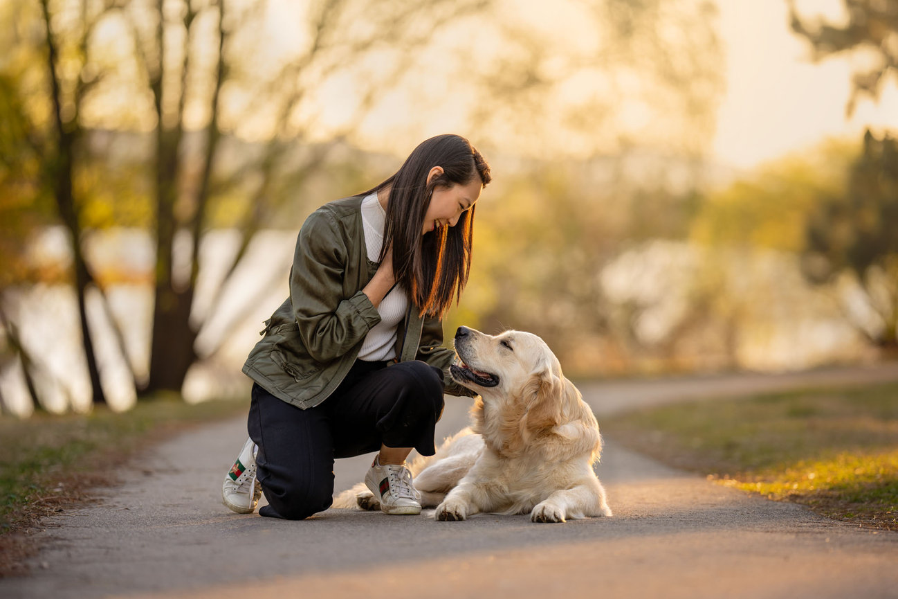 A woman in an olive jacket crouching nose to nose with a golden retriever lying on a path, warm backlight and a lake blurred behind them