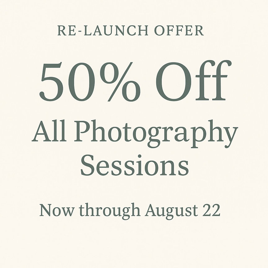 Promotional banner offering 50% off all photography sessions through August 22