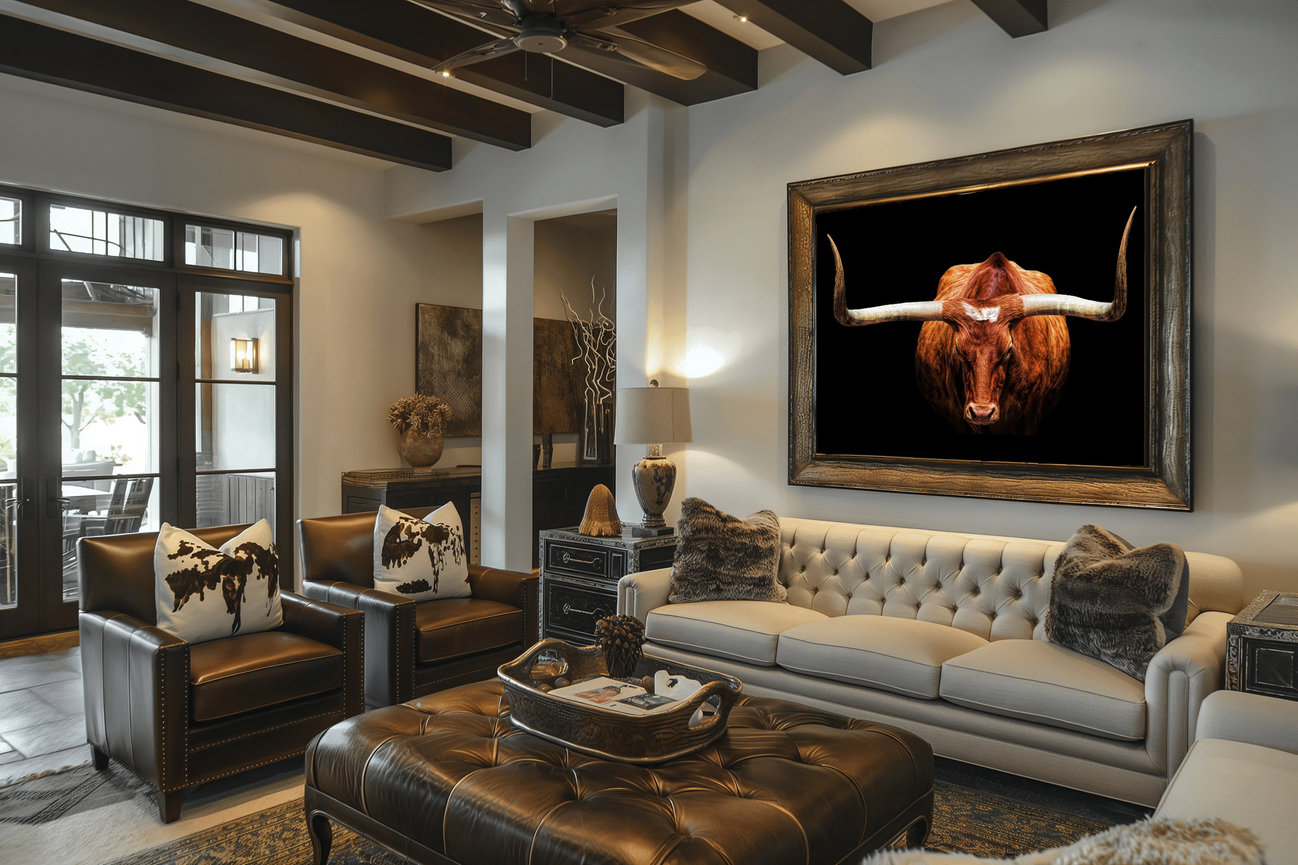 Longhorn Fine art in home in Fort Worth 74 inches.