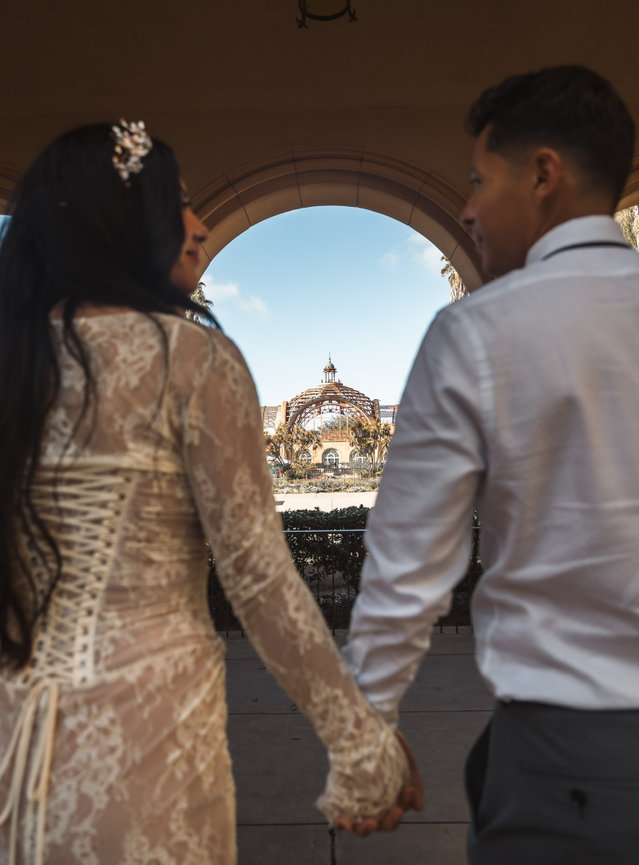 Couple holding hands facing a scenic backdrop